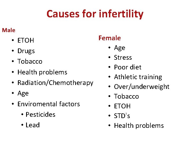 Causes for infertility Male • • Female ETOH • Age Drugs • Stress Tobacco