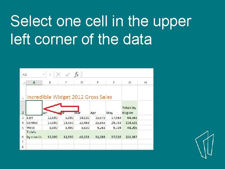 Select one cell in the upper left corner of the data 
