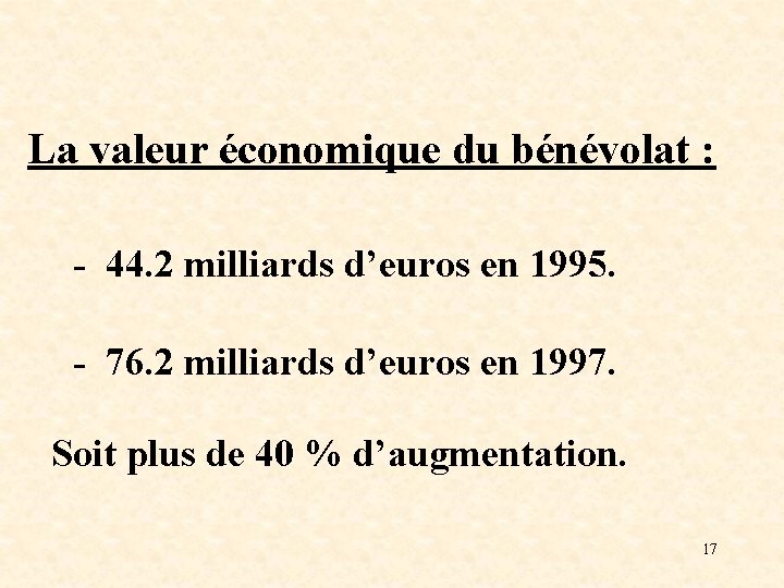 La valeur économique du bénévolat : - 44. 2 milliards d’euros en 1995. -