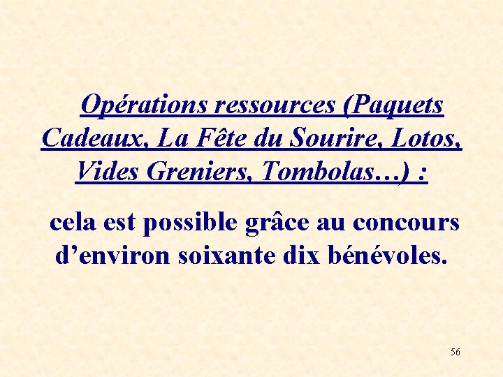 Opérations ressources (Paquets Cadeaux, La Fête du Sourire, Lotos, Vides Greniers, Tombolas…) : cela