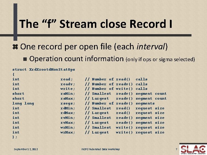 The “f” Stream close Record I One record per open file (each interval) n