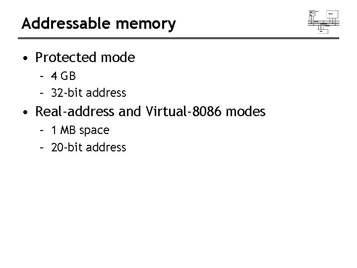 Addressable memory • Protected mode – 4 GB – 32 -bit address • Real-address