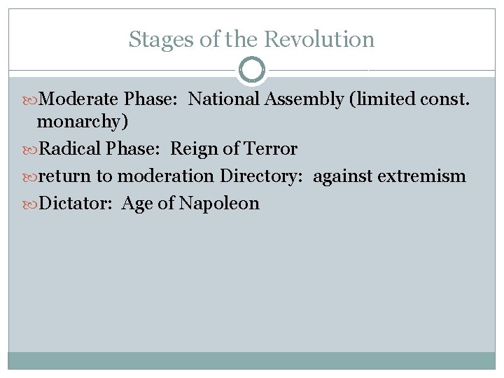 Stages of the Revolution Moderate Phase: National Assembly (limited const. monarchy) Radical Phase: Reign