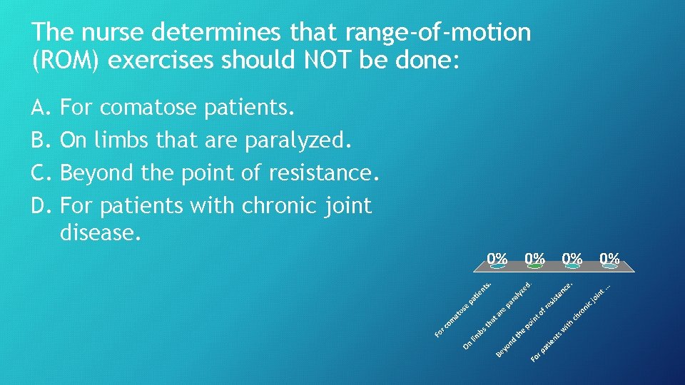 The nurse determines that range-of-motion (ROM) exercises should NOT be done: A. For comatose