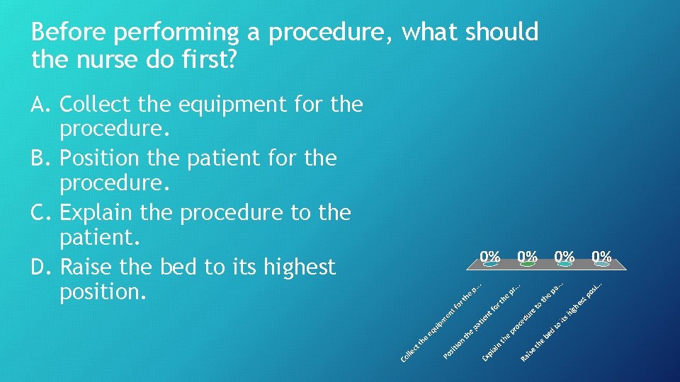 Before performing a procedure, what should the nurse do first? A. Collect the equipment