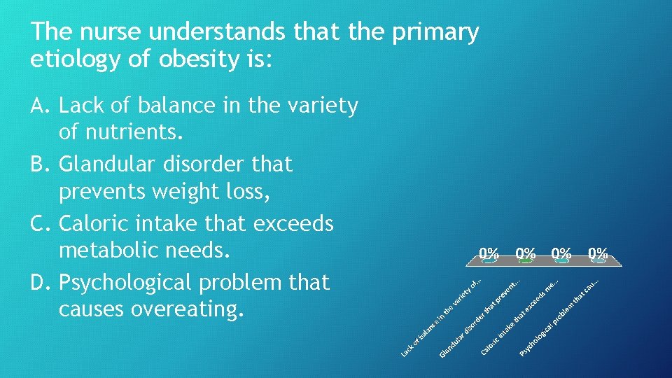 The nurse understands that the primary etiology of obesity is: A. Lack of balance