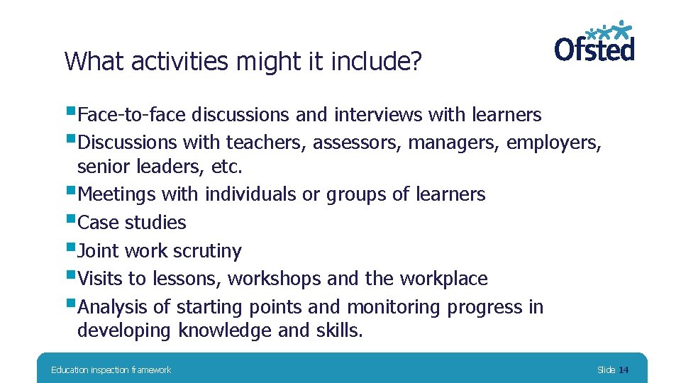 What activities might it include? §Face-to-face discussions and interviews with learners §Discussions with teachers,