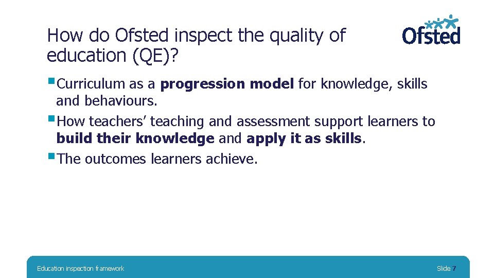 How do Ofsted inspect the quality of education (QE)? §Curriculum as a progression model