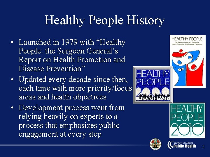 Healthy People History • Launched in 1979 with “Healthy People: the Surgeon General’s Report