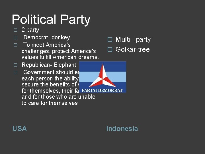 Political Party � � � 2 party Democrat- donkey To meet America's challenges, protect