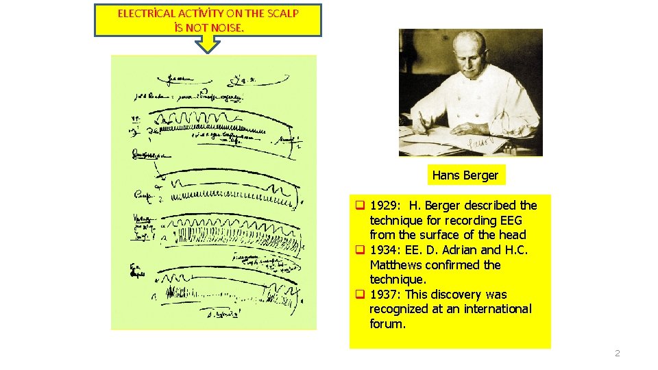 ELECTRİCAL ACTİVİTY ON THE SCALP İS NOT NOISE. Hans Berger q 1929: H. Berger