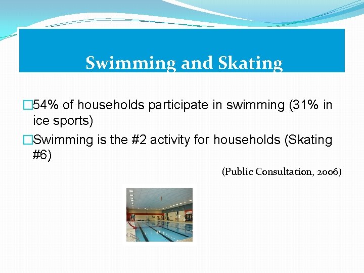 Swimming and Skating � 54% of households participate in swimming (31% in ice sports)