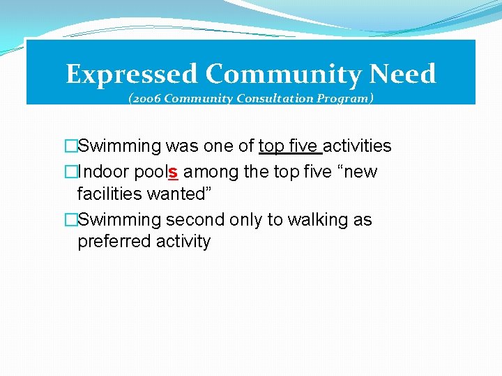 Expressed Community Need (2006 Community Consultation Program) �Swimming was one of top five activities