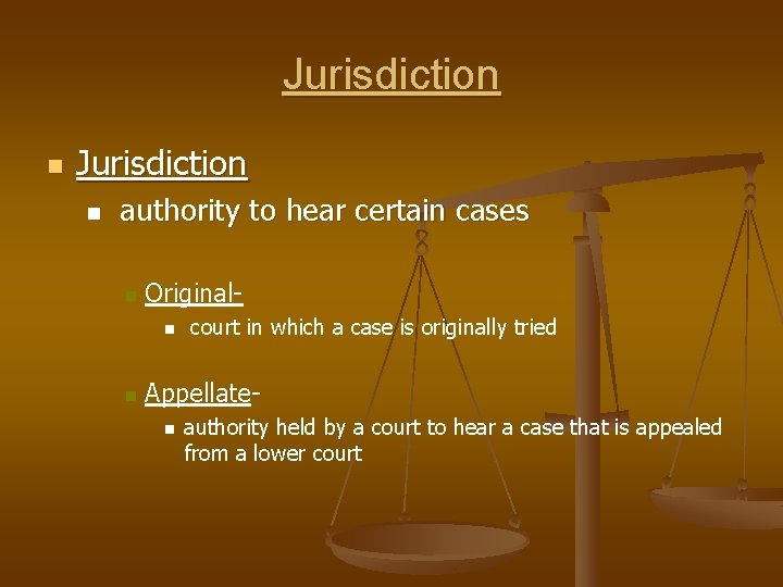 Jurisdiction n authority to hear certain cases n Originaln n court in which a