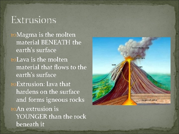 Extrusions Magma is the molten material BENEATH the earth’s surface Lava is the molten