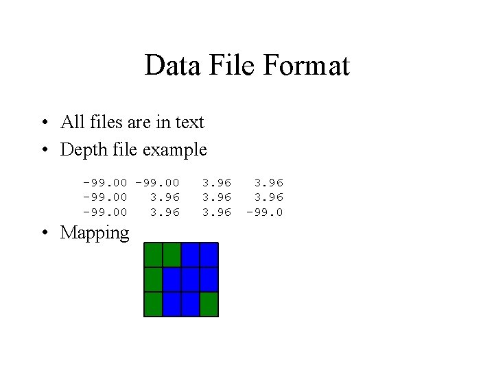 Data File Format • All files are in text • Depth file example -99.