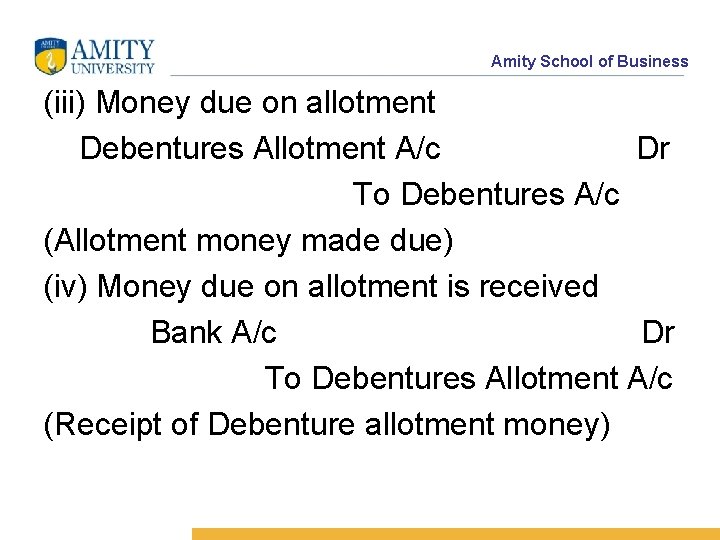 Amity School of Business (iii) Money due on allotment Debentures Allotment A/c Dr To