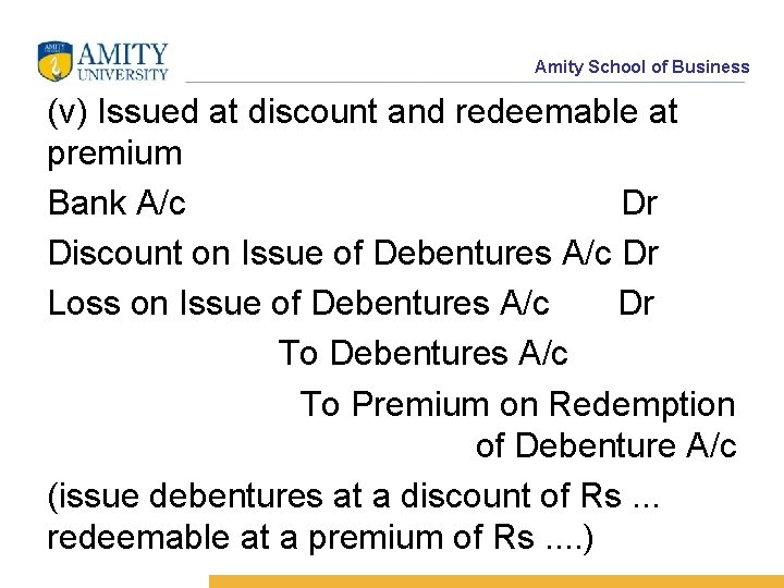 Amity School of Business (v) Issued at discount and redeemable at premium Bank A/c