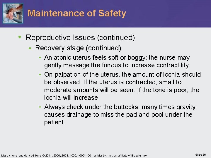 Maintenance of Safety • Reproductive Issues (continued) § Recovery stage (continued) • An atonic