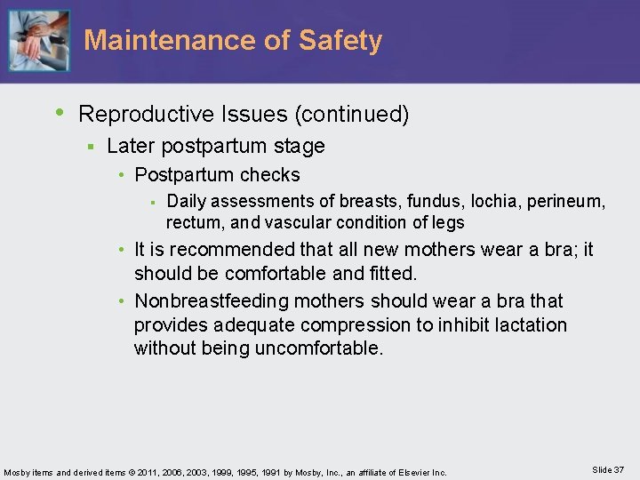 Maintenance of Safety • Reproductive Issues (continued) § Later postpartum stage • Postpartum checks
