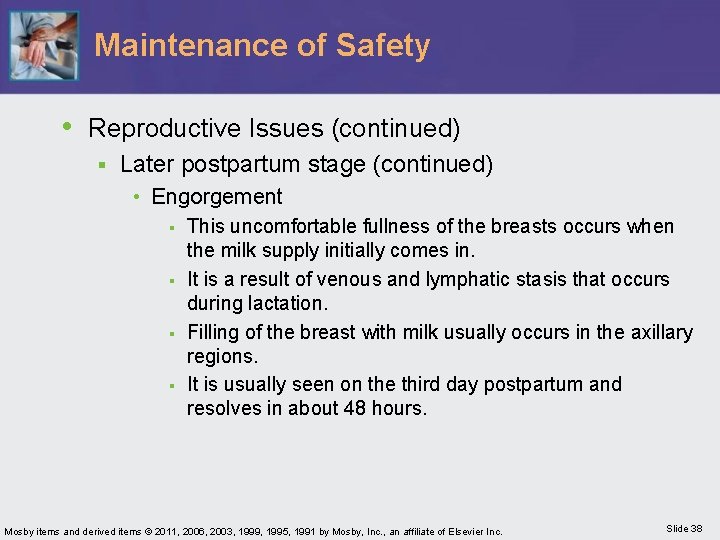 Maintenance of Safety • Reproductive Issues (continued) § Later postpartum stage (continued) • Engorgement