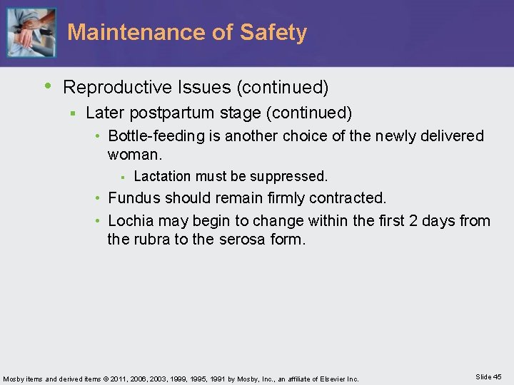 Maintenance of Safety • Reproductive Issues (continued) § Later postpartum stage (continued) • Bottle-feeding