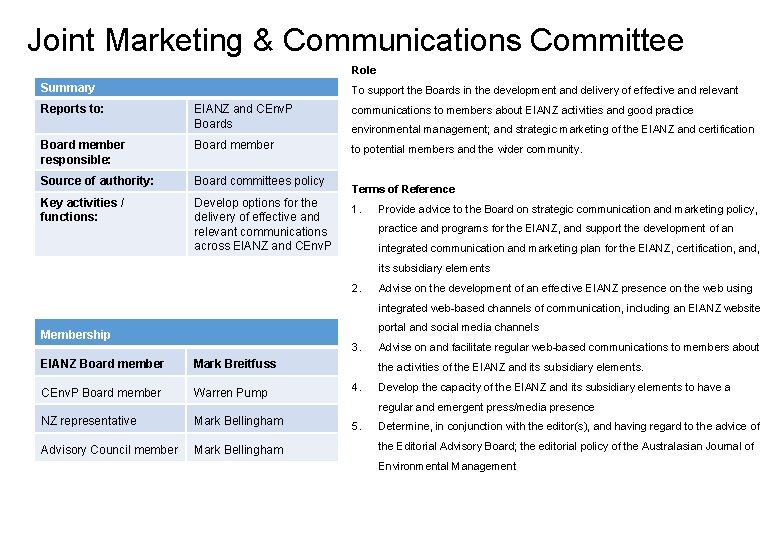 Joint Marketing & Communications Committee Role Summary Reports to: To support the Boards in