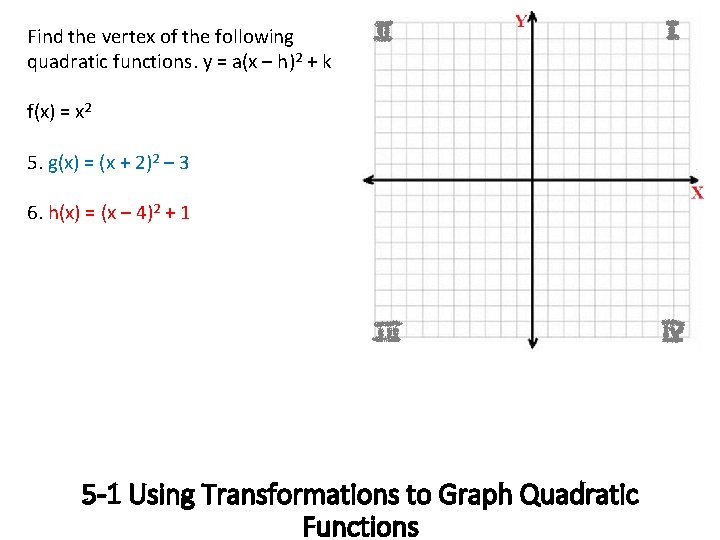 Find the vertex of the following quadratic functions. y = a(x – h)2 +