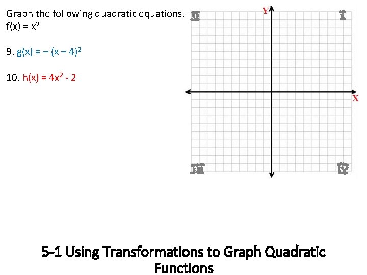 Graph the following quadratic equations. f(x) = x 2 9. g(x) = – (x