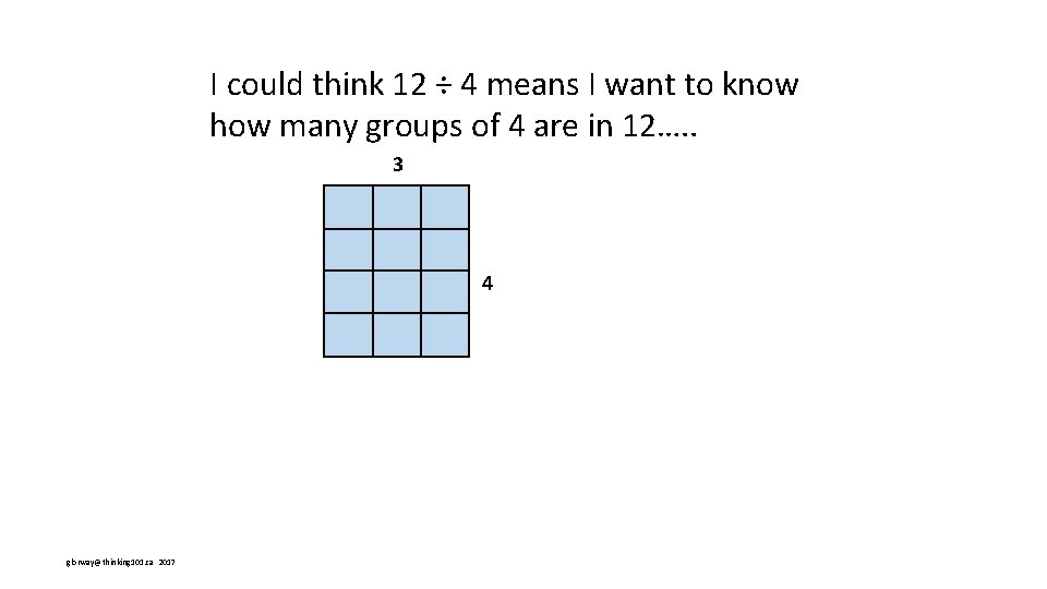 I could think 12 ÷ 4 means I want to know how many groups