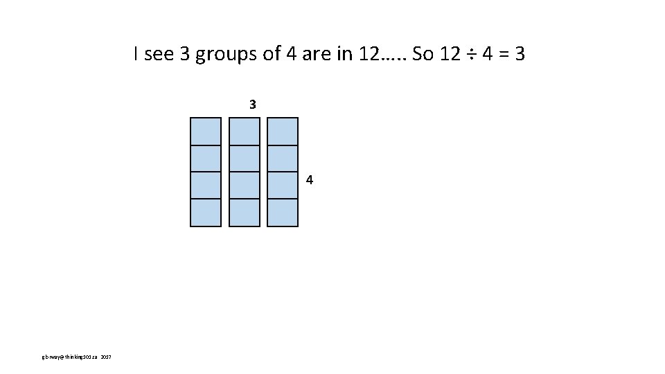 I see 3 groups of 4 are in 12…. . So 12 ÷ 4