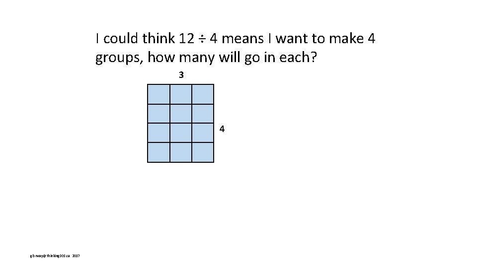 I could think 12 ÷ 4 means I want to make 4 groups, how