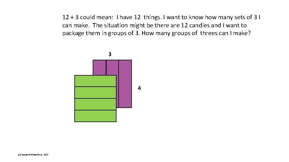 12 ÷ 3 could mean: I have 12 things. I want to know how