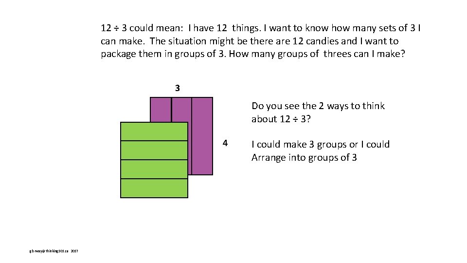 12 ÷ 3 could mean: I have 12 things. I want to know how