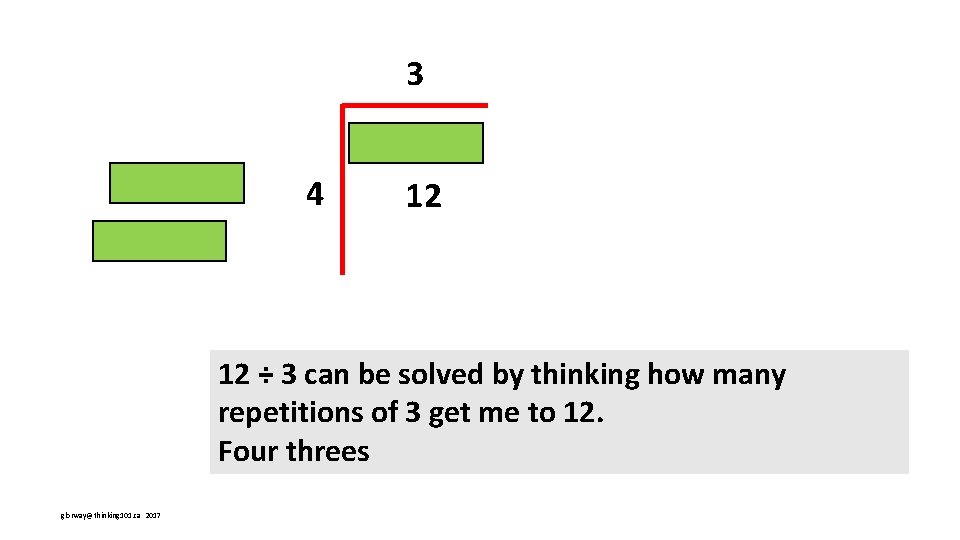 3 4 12 12 ÷ 3 can be solved by thinking how many repetitions