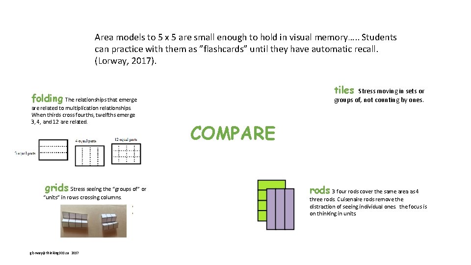 Area models to 5 x 5 are small enough to hold in visual memory….