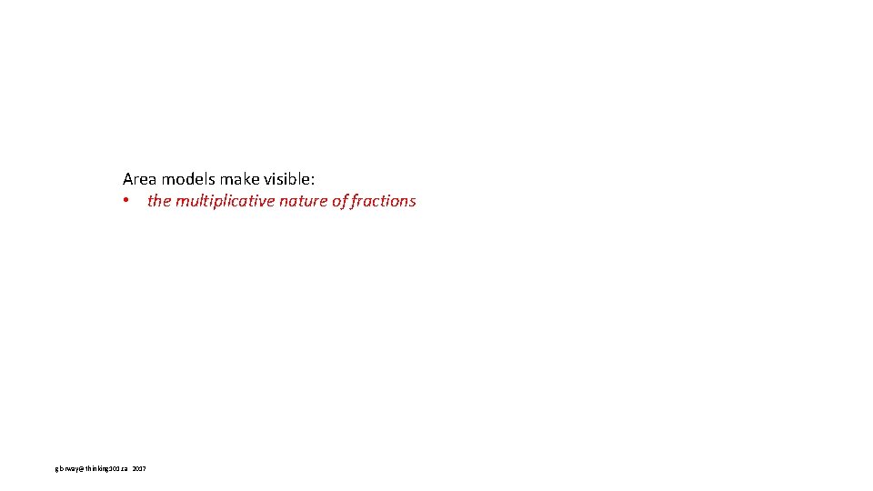 Area models make visible: • the multiplicative nature of fractions glorway@thinking 101. ca 2017