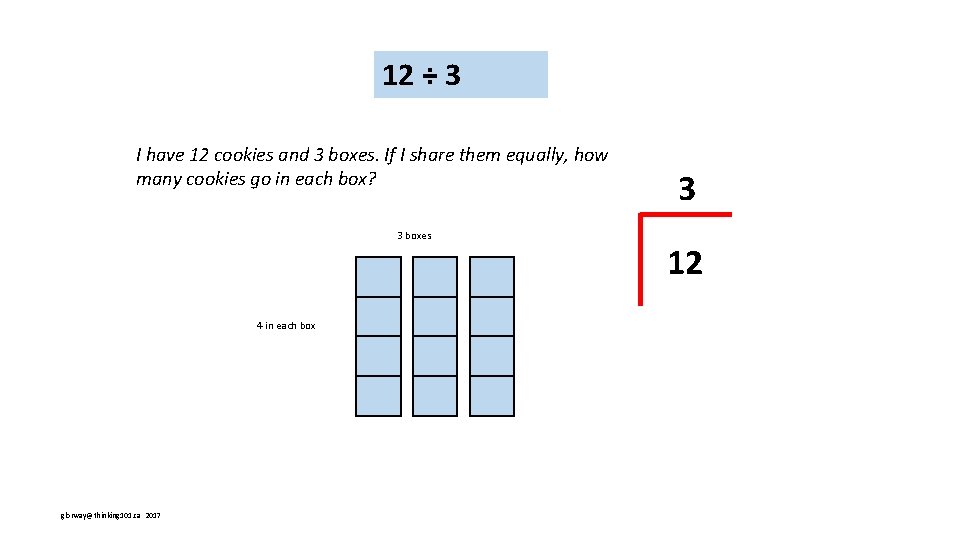 12 ÷ 3 I have 12 cookies and 3 boxes. If I share them