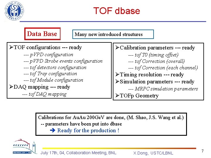 TOF dbase Data Base Many new introduced structures ØTOF configurations --- ready --- p.