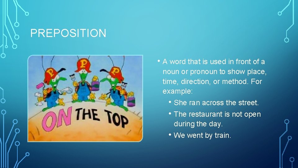 PREPOSITION • A word that is used in front of a noun or pronoun