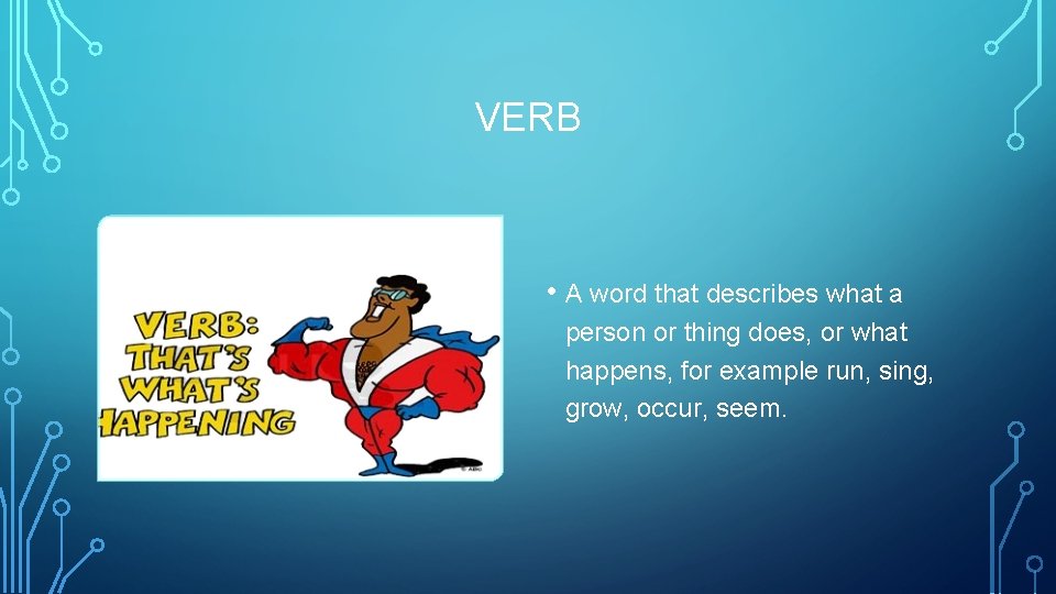 VERB • A word that describes what a person or thing does, or what