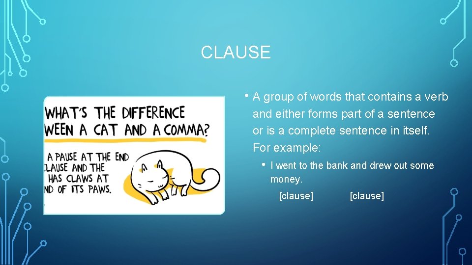CLAUSE • A group of words that contains a verb and either forms part