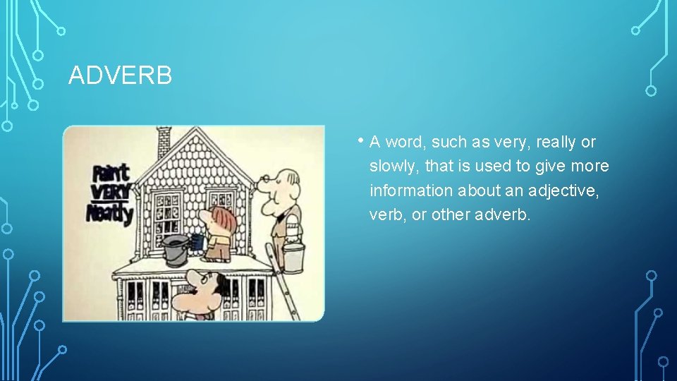 ADVERB • A word, such as very, really or slowly, that is used to