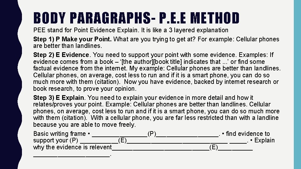 BODY PARAGRAPHS- P. E. E METHOD PEE stand for Point Evidence Explain. It is
