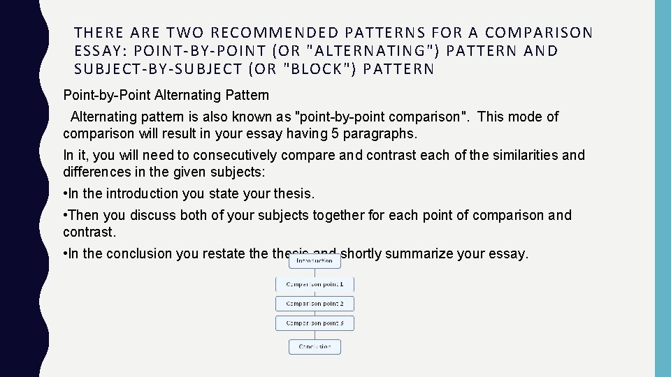 THERE ARE TWO RECOMMENDED PATTERNS FOR A COMPARISON ESSAY: POINT-BY-POINT (OR "ALTERNATING") PATTERN AND