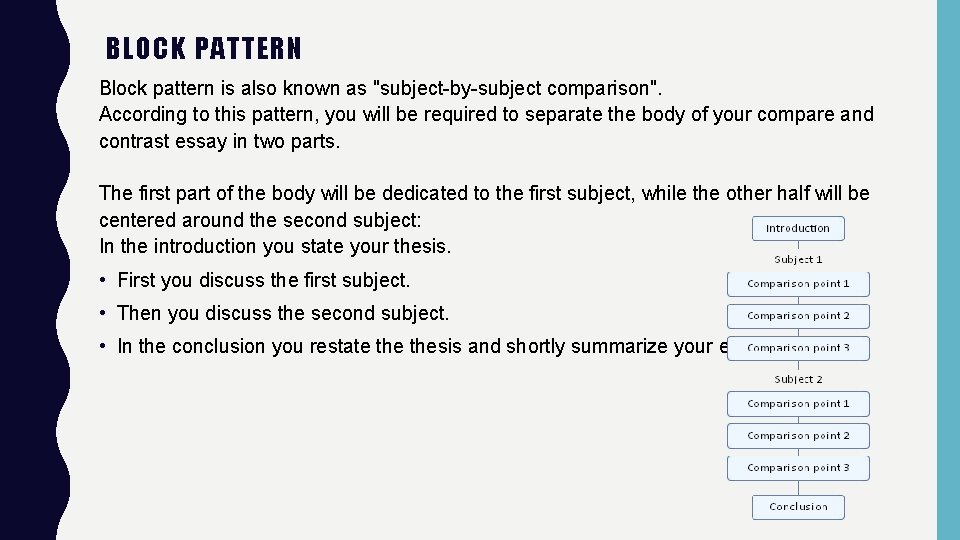 BLOCK PATTERN Block pattern is also known as "subject-by-subject comparison". According to this pattern,