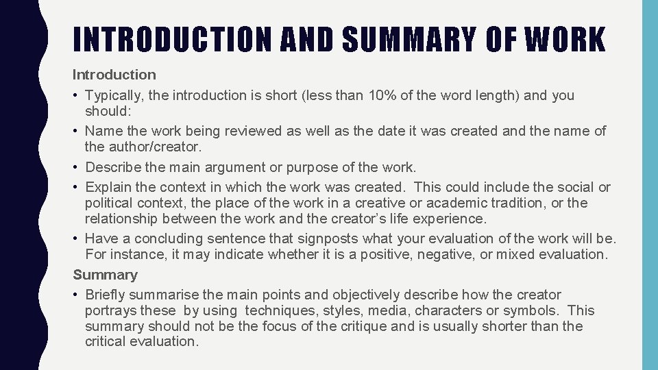 INTRODUCTION AND SUMMARY OF WORK Introduction • Typically, the introduction is short (less than