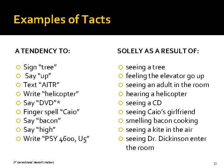 Examples of Tacts A TENDENCY TO: Sign “tree” Say “up” Text “AITR” Write “helicopter”