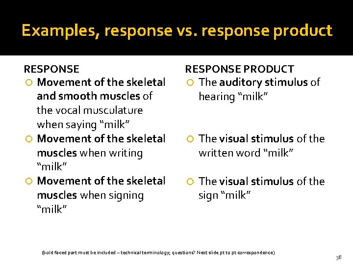 Examples, response vs. response product RESPONSE Movement of the skeletal and smooth muscles of