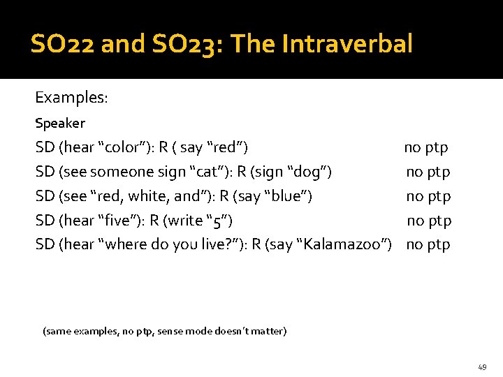 SO 22 and SO 23: The Intraverbal Examples: Speaker SD (hear “color”): R (